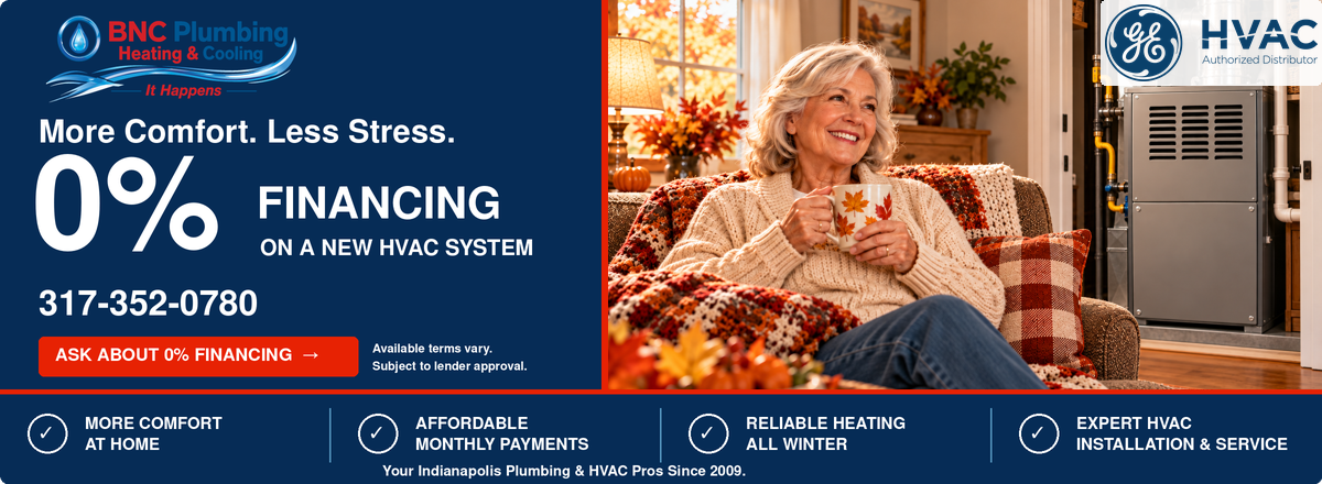 BNC Plumbing Heating & Cooling. More Comfort. Less Stress. 0% financing on a new HVAC system. Call 317-352-0780. Financing subject to lender approval. Available terms vary.